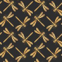 Golden textured dragonfly vector seamless pattern for textile design, wallpaper, wrapping paper or scrapbooking.