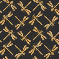 Golden textured dragonfly vector seamless pattern for textile design, wallpaper, wrapping paper or scrapbooking.