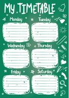 School timetable template on chalk board with hand written chalk text. Weekly lessons shedule in sketchy style decorated with hand drawn school doodles on green board.