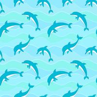 Vector seamless pattern with dolphins on waves background.