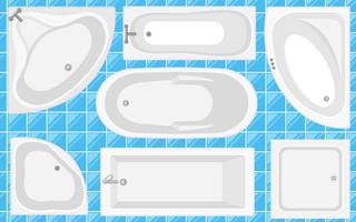 Bathtub top view collection.Vector illustration in flat style. Set of different  tubs types. vector