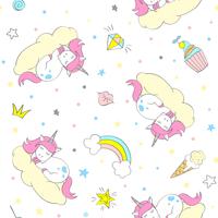 Patrón de unicornio de vector inconsútil para textiles de niños, estampados, papel de pared, sccrapbooking. Garabatee el unicornio lindo con los elementos del doodle que repiten el fondo.