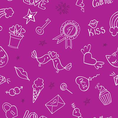 Seamless pattern with hand drawn girly doodles. Repeating background with childish sketch design elements for textile, wallpaper, scrapbooking.