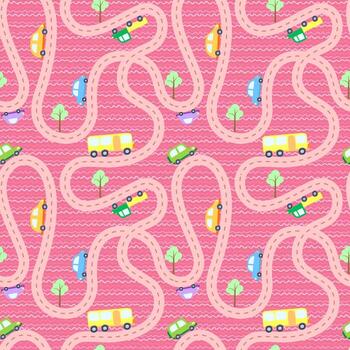 Vector seamless background with cartoon roads and cars. 