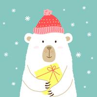 Vector illustration of cute cartoon bear in warm hat with gift in hands for placards, t-shirt prints, greeting cards.