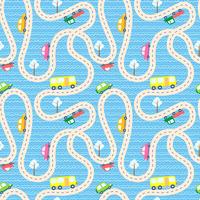 Vector seamless background with cartoon roads and cars. 