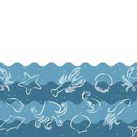 Patrón de repetición horizontal con productos del mar. Bandera inconsútil de los mariscos con los animales subacuáticos. Diseño de azulejos para restaurante, industria de alimentos de pescado o tienda de mercado. vector