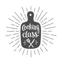 Cutting board silhoutte with lettering - Cooking class - and vintage sun rays. Good for cooking logotypes, bades or posters. vector