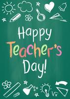 Happy Teachers Day greeting card or placard on green chalk board in sketchy style with handdrawn stars and hearts. vector