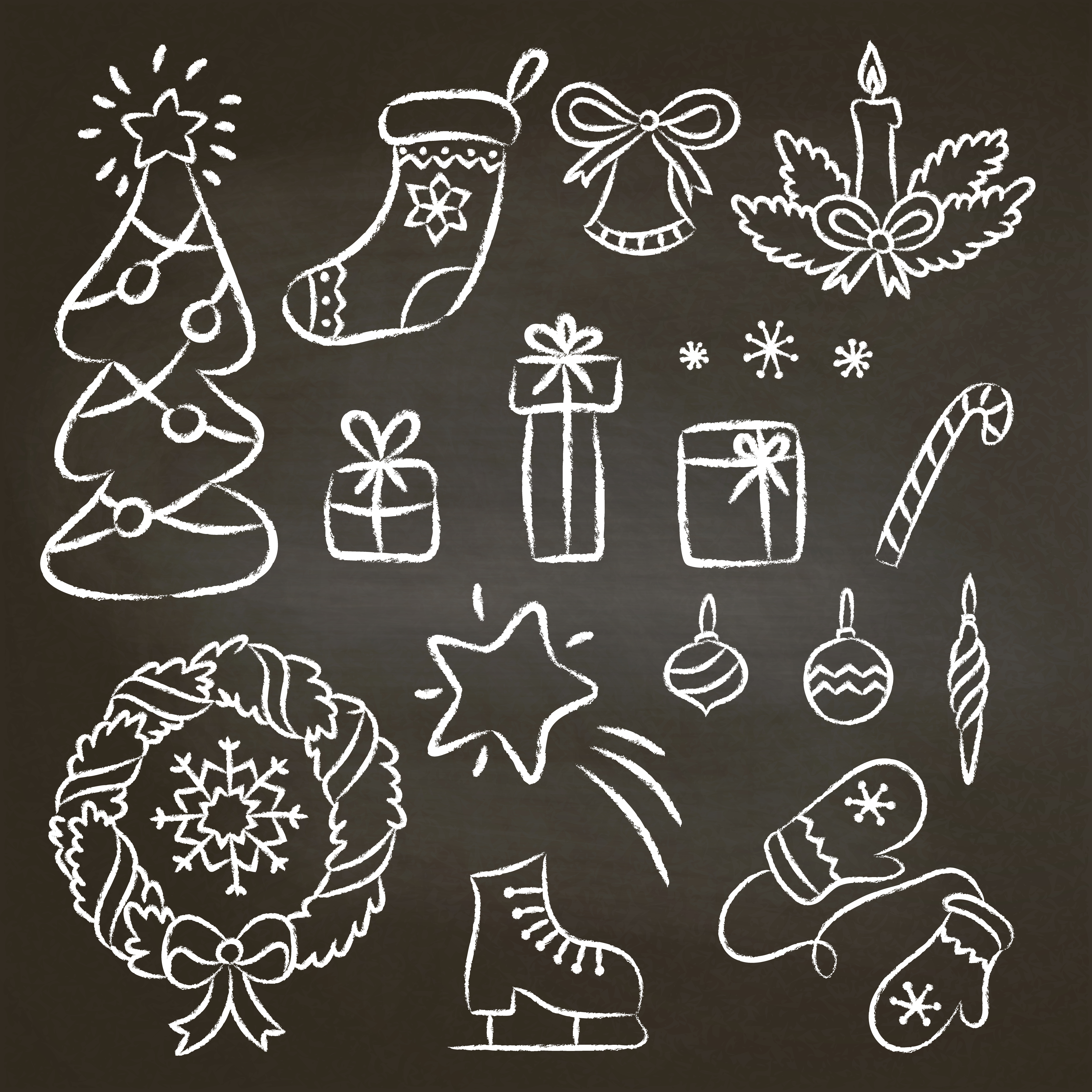 Christmas Set Of Hand Drawn Chalk Contour Doodles Illustration