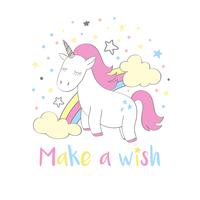 Unicornio mágico lindo en estilo de dibujos animados con letras de mano Pide un deseo. Garabatee el unicornio con el arco iris y las nubes vector el ejemplo para las tarjetas, carteles, impresiones de la camiseta de los niños, diseño de la materia textil.