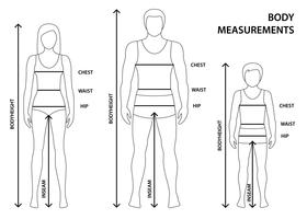 Vector illustration of contoured man, women and boy in full length with measurement lines of body parameters. Man, women and child sizes measurements. Human body measurements and proportions. 