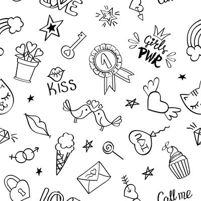 Seamless pattern with hand drawn girly doodles.