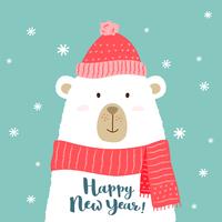 El ejemplo del vector del oso lindo de la historieta en sombrero y bufanda calientes con el saludo escrito mano de la Feliz Año Nuevo para los carteles, impresiones de la camiseta, tarjetas de felicitación.