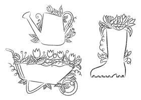Grunge contours of watering can, boot and barrow with leaves and flowers. Collection of grunge contour gardening placards. vector