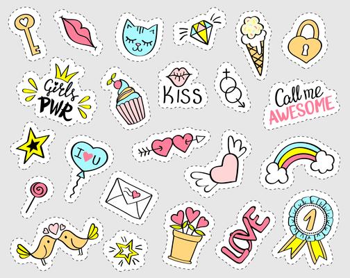 Fashion girly stickers set.  Collection of hand drawn fancy doodle pins, badges. Vector trendy illustration.