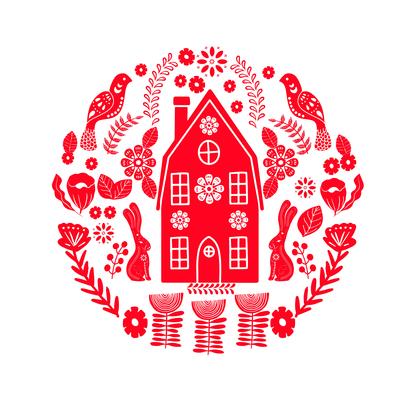 Scandinavian folk art pattern with tiny house, birds and flowers 