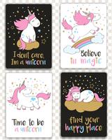 Set of cards with cartoon styled unicorns and inspirational lettering. Greeting cards with motivational quotes. 