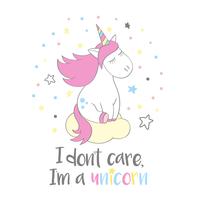 Magic cute unicorn in cartoon style with hand lettering I dont care, I m a unicorn. Doodle unicorn dreaming on a cloud vector illustration for cards, posters, t-shirt prints, textile design.