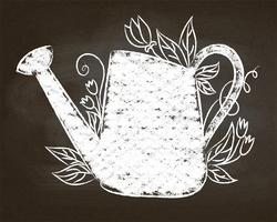 Chalk silhouette of vintage watering can with leaves and flowers . Typography gardening poster . vector