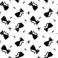 Seamless vector halloween pattern with black cats, spiders and bones.