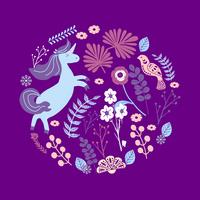 Cute magic Unicorns on a floral background. Vector  Romantic hand drawing illustration