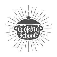 Pot silhoutte with lettering - Cooking school - and   vintage sun rays. Good for cooking logotypes, bades or posters. vector