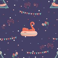 Amusement park seamless pattern with inflatable swan and ship ride. vector