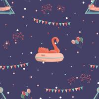 Amusement park seamless pattern with inflatable swan and ship ride. vector