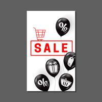 Diseño de banner de venta con globos aerostáticos y símbolos de compra. vector