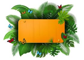 Signo de oro con espacio de texto de hojas tropicales y mariposas. Adecuado para el concepto de naturaleza, vacaciones y vacaciones de verano. vector