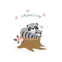 Happy Mother's day card. Mother raccoon hugging her baby. vector