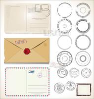  Set of postal stamps and post cards on white background mail post office air mail vector