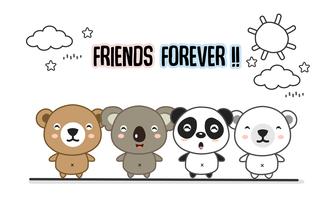 Friends forever greeting card with little animals. Cute bears cartoon vector illustration.