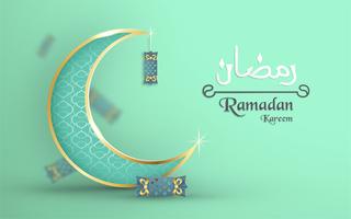 Plantilla para Ramadan Kareem en color verde y dorado. Diseño del ejemplo del vector 3D en el corte y el arte del papel para la tarjeta de felicitación islámica, invitación, cubierta de libro, folleto, bandera del web, anuncio.