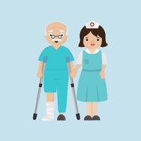 Nurse helping senior patient with a cane. vector