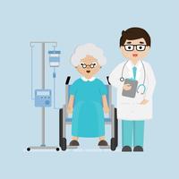 Doctores en el pasillo del hospital con el paciente femenino mayor en silla de ruedas. vector
