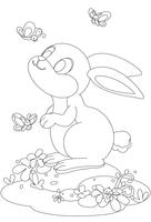 Cute rabbit with butterfly cartoon outline drawing vector