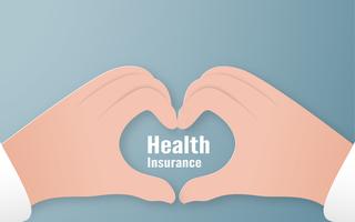 Vector illustration in concept of health insurance. Template design is on pastel blue background for cover, web banner, poster, slide presentation. Art Craft for kid in 3D paper cut style.