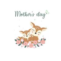 Cute animals for Mothers Day card. Deer Mom and Her Baby cartoon. vector