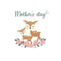 Cute animals for Mothers Day card. Deer Mom and Her Baby cartoon. vector