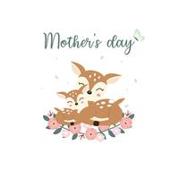 Cute animals for Mothers Day card. Deer Mom and Her Baby cartoon. vector