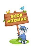 Dibujos animados de mapache sosteniendo un tablero de buenos días vector
