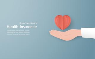 Vector illustration in concept of health insurance. Template design is on pastel blue background for cover, web banner, poster, slide presentation. Art Craft for kid in 3D paper cut style.