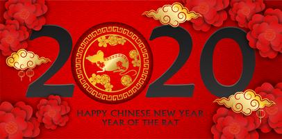 2020 Happy Chinese New Year. Design with flowers and rat on red background. paper art style. happy rat year. Vector. vector