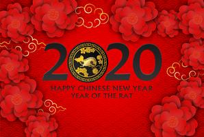 2020 feliz año nuevo chino. Diseño con flores y rata sobre fondo rojo. estilo de arte de papel. feliz año de la rata. Vector.