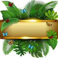 Banner dorado con espacio de texto de hojas tropicales y mariposas. Adecuado para el concepto de naturaleza, vacaciones y vacaciones de verano. Ilustración vectorial vector