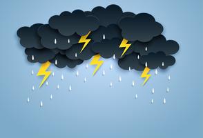 Monsoon, Rainy Season background . cloud rain and thunderbolt  hanging on blue sky. paper art style.vector.