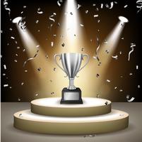 Realistic Silver Trophy on stage with confetti falling and illuminated spotlights, Vector Illustration