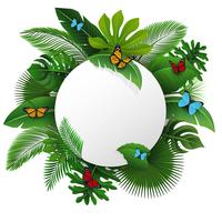 Round sign with text space of Tropical Leaves and butterflies. Suitable for nature concept, vacation, and summer holiday. Vector Illustration